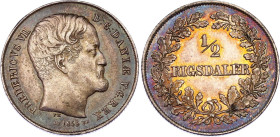 Denmark 1/2 Rigsdaler 1855 FK/VS
KM# 759, N# 22115; Silver; Frederick VII (1848-1863); AUNC, Nice dark and violet patina