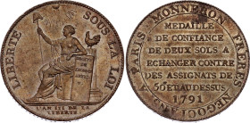 France 2 Sols 1791 Monneron
KM# Tn23; Bronze; UNC. Extremely rare condition! Mint luster!