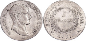 France 5 Francs 1802 AN 11 A
KM# 650.1, N# 21917; Silver; Napoleon I; XF