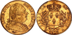 France 20 Francs 1814 A PCGS AU58
KM# 706.1; Gold (900) 6.41g.; Louis XVIII; AU-UNC, mint luster, rare condition.