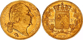 France 20 Francs 1820 A
KM# 712.1, F# 519, N# 7366; Gold (.900) 6.45 g.; Louis XVIII; Paris Mint; XF