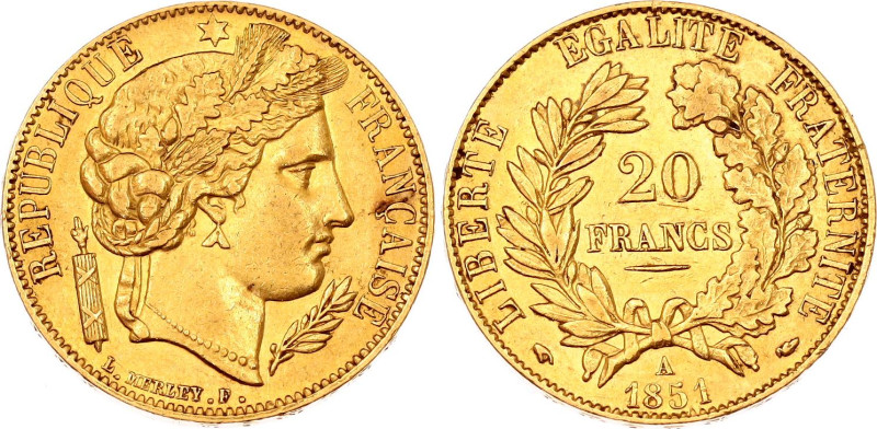 France 20 Francs 1851 A
KM# 762, N# 8003; Gold (.900) 6.45 g., 21 mm.; XF+, min...