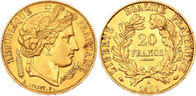 France 20 Francs 1851 A
KM# 762, N# 8003; Gold (.900) 6.45 g., 21 mm.; XF+, mint luster remains