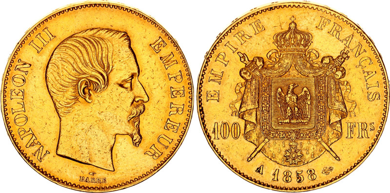 France 100 Francs 1858 A
KM# 786.1, F# 550, N# 11337; Gold (.900) 32.26 g.; Nap...