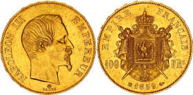 France 100 Francs 1859 BB
KM# 786.2, F# 550, N# 11337; Gold (.900) 32.26 g.; Napoleon III; Strasbourg Mint; Mintage 9305; AUNC