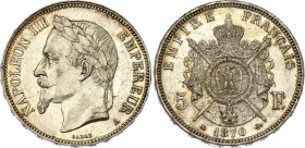 France 5 Francs 1870 A
KM# 799.1, F# 331/17, N# 1184; Silver; Napoleon III; Paris Mint; UNC Toned