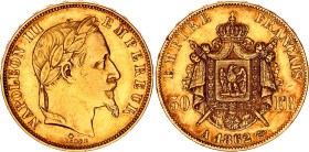 France 50 Francs 1862 A
KM# 804.1, F# 548, N# 11338; Gold (.900) 16.13 g.; Napoleon III; Paris Mint; Mintage 24418; AUNC