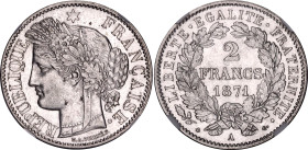 France 2 Francs 1871 A NGC MS 61
KM# 817.1, F# 265, N# 1178; Large A; Silver; Paris Mint; UNC