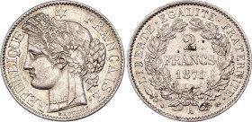 France 2 Francs 1871 A
KM# 817.1, F# 265, N# 1178; Silver; XF/AUNC