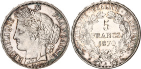 France 5 Francs 1870 A
KM# 819; Silver; UNC, full mint luster, nice patina. Very rare condition. UNC in Krause 600$