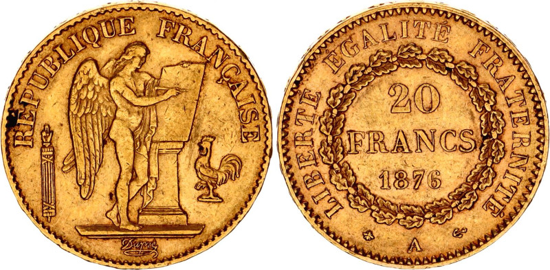 France 20 Francs 1876 A
KM# 825, F# 533/4, N# 3654; Gold (.900) 6.45 g.; Paris ...