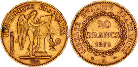 France 20 Francs 1876 A
KM# 825, F# 533/4, N# 3654; Gold (.900) 6.45 g.; Paris Mint; XF