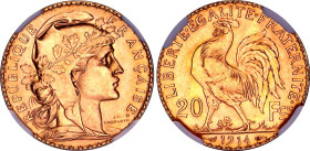 France 20 Francs 1914 NGC MS 65
KM# 857, N# 2230; Gold (.900) 6.45 g., 21 mm.; Marianne Rooster; With full mint luster