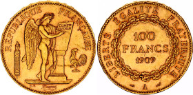 France 100 Francs 1909 A
KM# 858, F# 553/3, N# 18182; Gold (.900) 32.26 g.; Paris Mint; Mintage 20000; UNC with edge nick