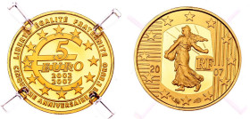 France 5 Euro 2007
KM# 1525, N# 22276; Gold (0.999) 1.24 g., 14 mm., Proof; The Sower : 5th Anniversary of the Euro; Mintage 9951 pcs.; With original...