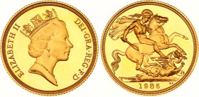 Great Britain 1 Sovereign 1985
KM# 943, Sp# SC2, N# 14393; Gold (.917) 7.98 g., Proof; Elizabeth II; Llantrisant Mint; Mintage 17242