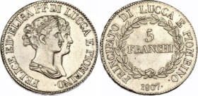 Italian States Lucca 5 Franchi 1807
KM# 24.3, N# 17810; Silver; Felix and Elisa; AUNC-UNC