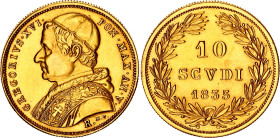 Italian States Papal States 10 Scudi 1835 (V) R
KM# 1108, Fr# 263, N# 29278; Gold (.900) 17.34 g.; Gregorio XVI; Rome Mint; Mintage 48450; UNC with m...