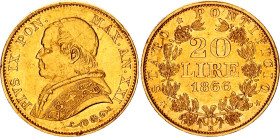 Italian States Papal States 20 Lire 1866 (XXI) R
KM# 1382.2, Fr# 280, N# 7568; Gold (.900) 6.45 g.; Pius IX; Rome Mint; XF-AUNC with minor hairlines