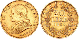 Italian States Papal States 20 Lire 1866 (XXI) R
KM# 1382.2, N# 7568; Gold (.900) 6.45 g., 22 mm.; Pio IX; XF
