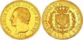 Italian States Sardinia 80 Lire 1825 P
KM# 123.2, Fr# 1133, C# 108.2, N# 21496; Gold (.900) 25.80 g.; Carlo Felice; Genoa Mint; XF-AUNC