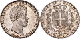 Italian States Sardinia 5 Lire 1847 P
KM# 130, N# 15429; Silver; Charles Albert; AU-UNC. Violet patina, mint luster remains.