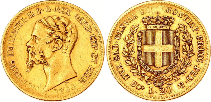 Italian States Sardinia 20 Lire 1860 B
KM# 146.1, Fr# 1146, C# 126.2, N# 3660; ...