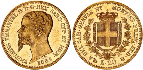 Italian States Sardinia 20 Lire 1859 P NGC MS 61
KM# 146.2; Gold (6.45g), UNC. Rare condition.