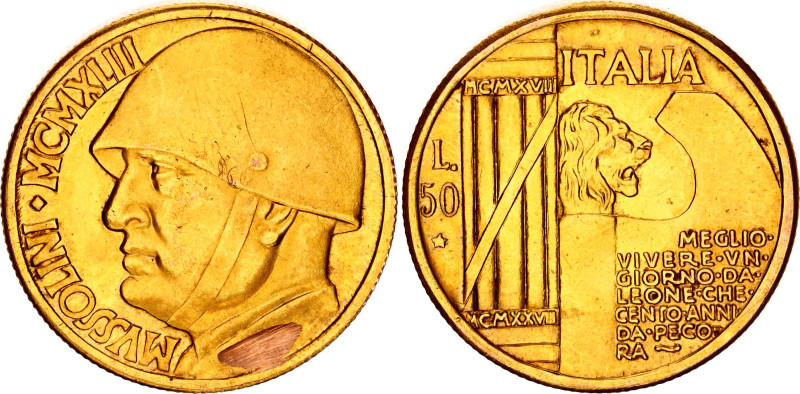 Italy 50 Lire 1943 MCMXLIII Mussolini Fantasy Coinage
Gold 15.39 g., 28 mm.; Be...