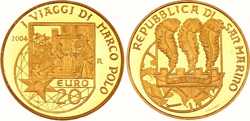 San Marino 20 Euro 2004 R
KM# 465, N# 16375; Gold (.900) 6.45 g., Proof; Marco ...