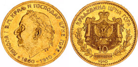 Montenegro 10 Perpera 1910
KM# 9, N# 41694; Gold (.900) 3.37 g.; Nicholas I; UNC, With minor hairline