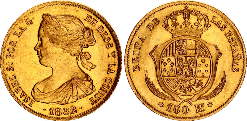 Spain 100 Reales 1862
KM# 605.2, N# 44685; Gold (.900) 8.34 g.; Isabella II; UN...