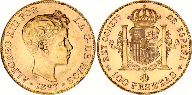 Spain 100 Pesetas 1897 (1962) SGV Restrike NGC MS 63
KM# 708, N# 14834; Gold (....