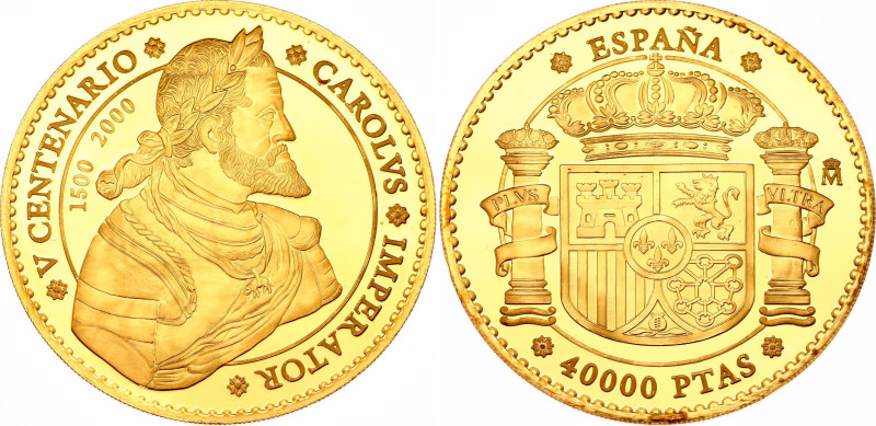 Spain 40000 Pesetas 2000 M
N# 150411; Gold (.999) 15.5 g., Proof; Juan Carlos I...