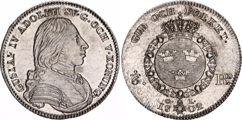 Sweden 1/6 Riksdaler 1802
KM# 560, N# 39218; Silver; Gustav IV Adolf; AUNC, Cle...