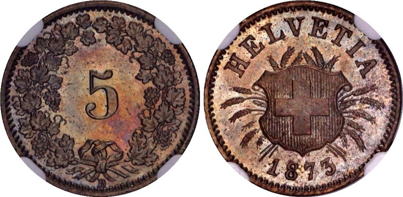 Switzerland 5 Rappen 1873 B NGC MS 64
KM# 5, N# 167; Billon