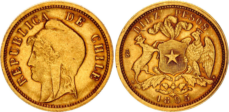 Chile 10 Pesos 1895 So
KM# 154, N# 36350; Gold (.917) 5.99 g.; Santiago Mint; U...