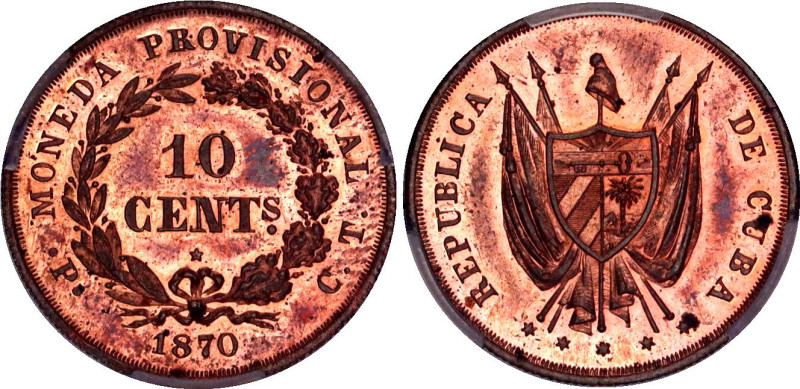 Cuba AE 10 Centavos 1870 PCT PCGS SP64RB
KM# Pn2a; Copper; A rare pattern, with...