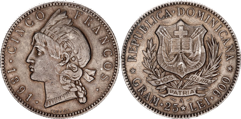 Dominican Republic 5 Francos 1891
KM# 12, N# 30750; Silver; AUNC-, rare in this...