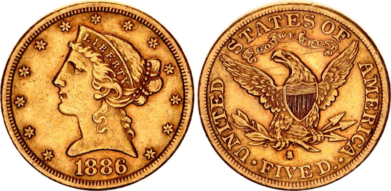 United States 5 Dollars 1886 S
KM# 101, N# 18809; Gold (.900) 8.36 g.; Coronet ...