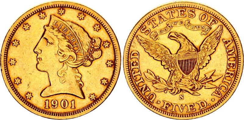 United States 5 Dollars 1901 S
KM# 101, N# 18809; Gold (.900) 8.36 g.; Coronet ...