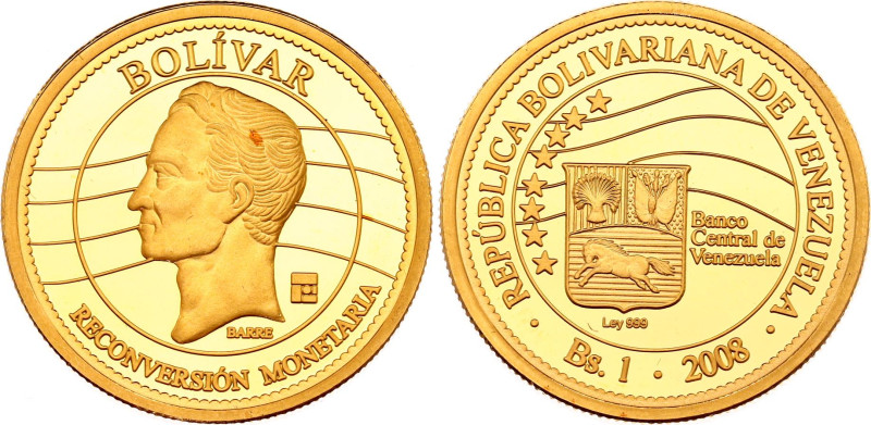 Venezuela 1 Bolivar 2008
Y# 93; Gold (.999) 15.55 g., 25 mm., Proof; Variety st...