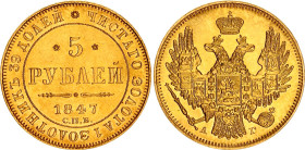 Russia 5 Roubles 1847 СПБ АГ
Bit# 29, N# 97009; Gold (.917) 6.53 g.; Nicholas I; AU-UNC,