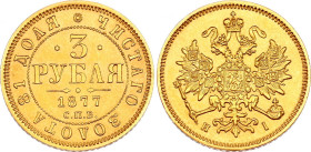 Russia 3 Roubles 1877 СПБ HI R
Bit# 39 (R); Gold (.917) 3.93 g.; UNC
