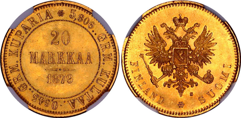 Russia - Finland 20 Markkaa 1879 S NGC MS 64
Bit# 612, N# 22279; Gold (.900) 6....