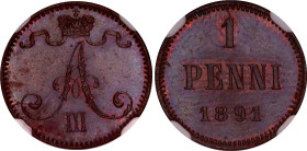 Russia - Finland 1 Penni 1891 NGC MS 64 BN
Bit# 254; KM# 1; N# 21952; Copper; Alexander III