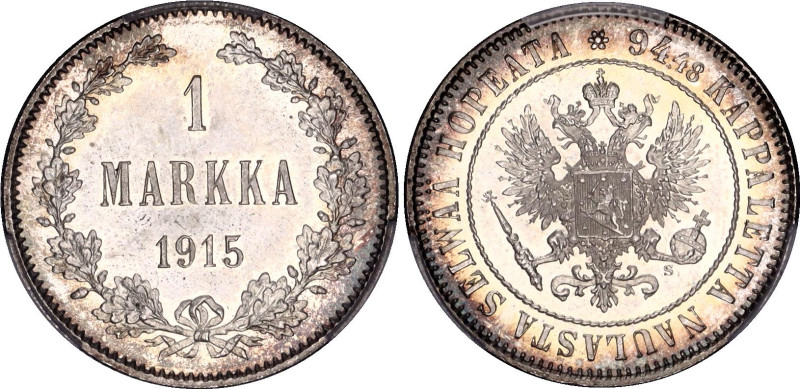 Russia - Finland 1 Markka 1915 S PCGS MS66+
Bit# 401; Silver; Nicholas II; UNC,...