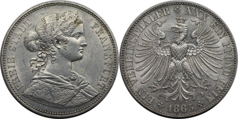 Altdeutsche Münzen und Medaillen, FRANKFURT - STADT. Vereinstaler 1865, Silber. ...