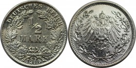 Deutsche Münzen und Medaillen ab 1871, REICHSKLEINMÜNZEN. 1/2 Reichsmark 1916 A, Silber. Jaeger 16. Stempelglanz. Berieben. Kratzer
