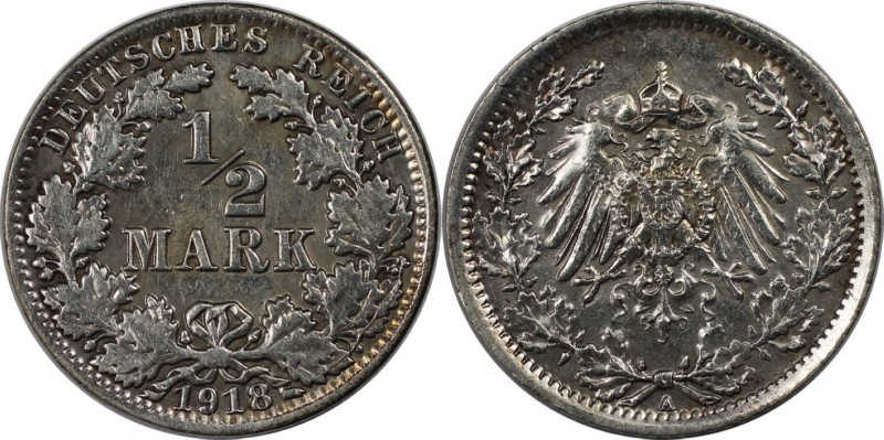 Deutsche Münzen und Medaillen ab 1871, REICHSKLEINMÜNZEN. 1/2 Reichsmark 1918 A,...